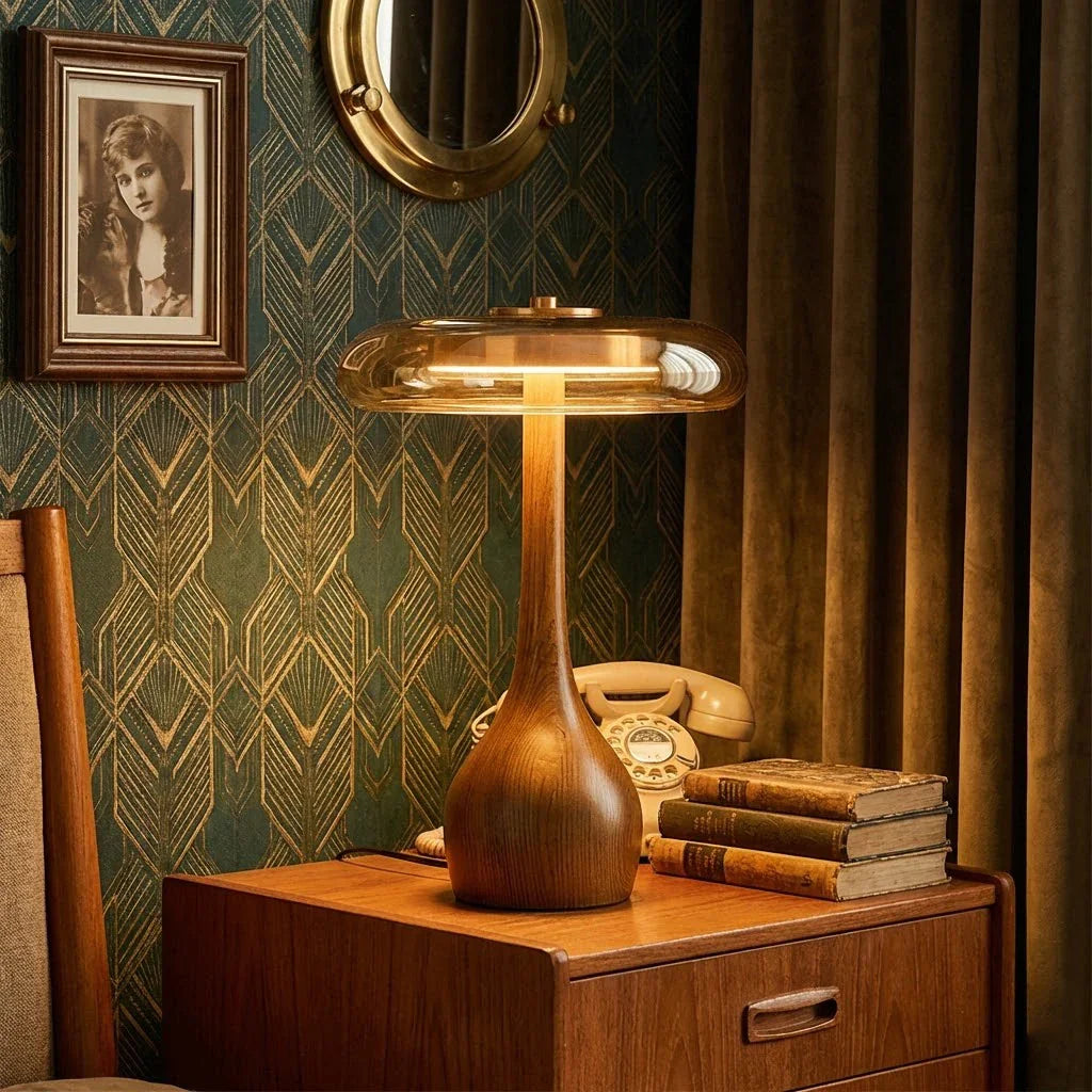 Mid Century Wood Glass Table Lamp LED Dimmable Walnut Disc Light